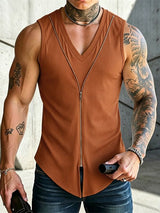 Men's Avant-Garde Ribbed V-Neck Full-Length Zipper Tank SKUL61920