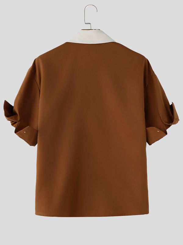 Men's Avant-Garde Asymmetrical Contrast Collar Diagonal Placket Roll-Up Sleeve Shirt SKUL76404