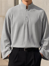 Men's Clean Fit Resort Wide Flared Sleeve Slit Henley Placket Long Sleeve Mandarin Collar T-shirt SKUL81833