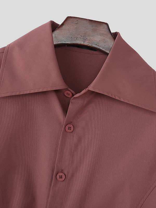 Men's Solid Color Cinched Waist Large Collar Wide Sleeve Shirt SKUL42663