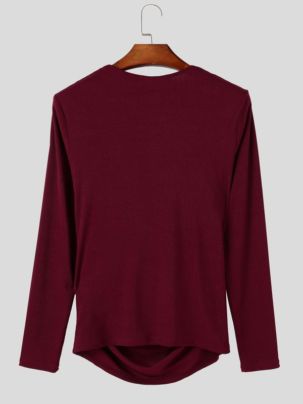 Men's Clean Fit Cocktail Party Metal Ring Accent Draped Ruched Muscle Fit Long Sleeve Asymmetric Neck T-shirt SKUL83113