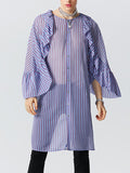 Mens Striped Ruffle Sleeve Steampunk Longline Shirt SKUK16994