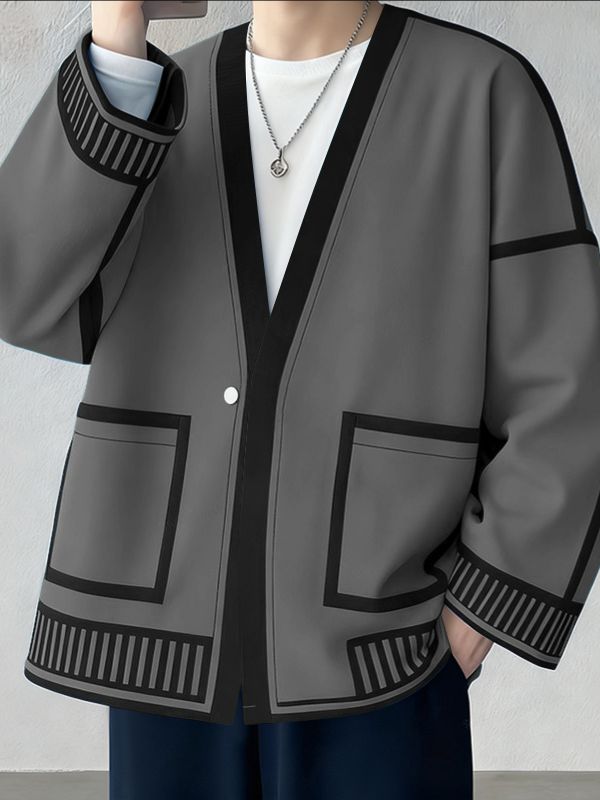 Men's Deconstructed Contrast Line Printed Long Sleeve Cardigan SKUL40106