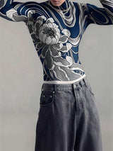 Men's Floral Tattoo Print High Neck Long Sleeve T-shirt SKUL45282