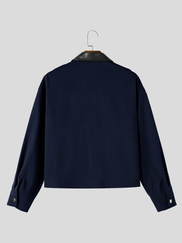 Men's Retro Workwear Daily Commute Contrast Leather Collar Flap Pocket Cropped Jacket SKUL84769
