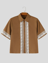 Men's Vintage Casual Floral Lace Patchwork Camp Collar Short Sleeve Shirt SKUL65999