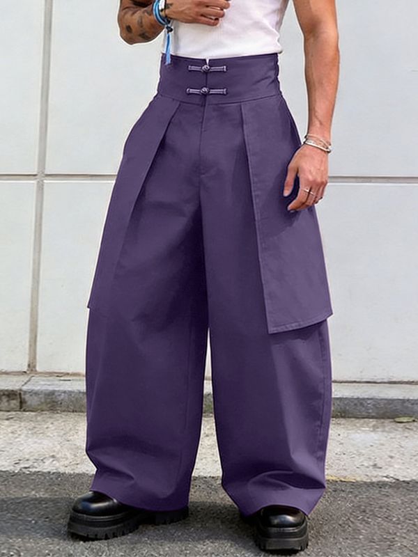 Men's Panel Patchwork Frog Button Wide Leg High Waist Pant SKUL59497