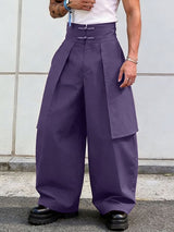 Men's Panel Patchwork Frog Button Wide Leg High Waist Pant SKUL59497