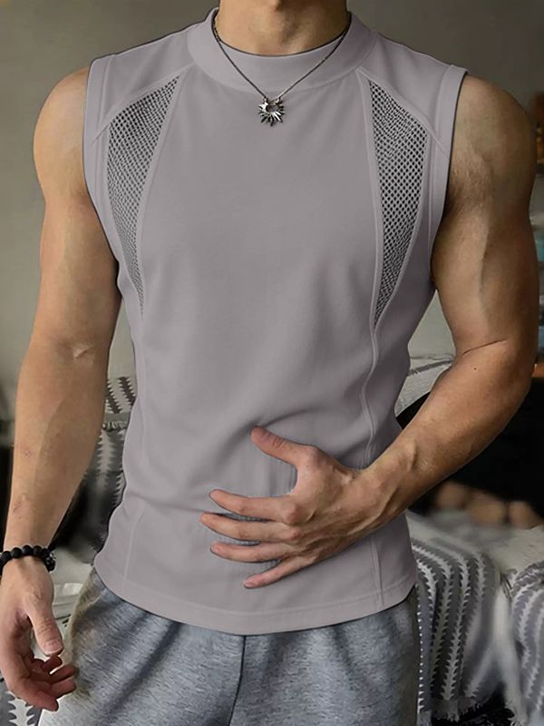 Men's Clean Fit Techwear Sheer Mesh Patchwork Ergonomic Contour Seam Sleeveless Mock Neck Tank SKUL72613