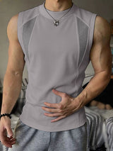 Men's Clean Fit Techwear Sheer Mesh Patchwork Ergonomic Contour Seam Sleeveless Mock Neck Tank SKUL72613
