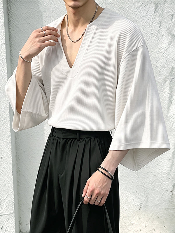 Men's Avant-Garde Minimalist Ribbed Deep V-Neck Wide Sleeve T-shirt SKUL81108
