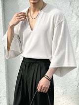 Men's Avant-Garde Minimalist Ribbed Deep V-Neck Wide Sleeve T-shirt SKUL81108