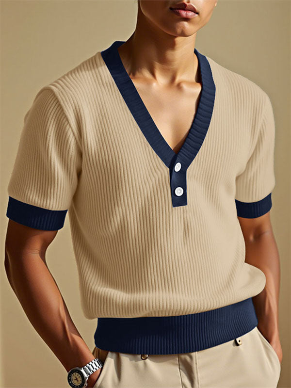 Mens Color Block Knit Short Sleeve T-Shirt SKUL22372