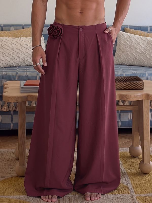 Men's Avant-Garde Party 3D Rose Flower Pleated Wide Leg Full Length Pant SKUL78125