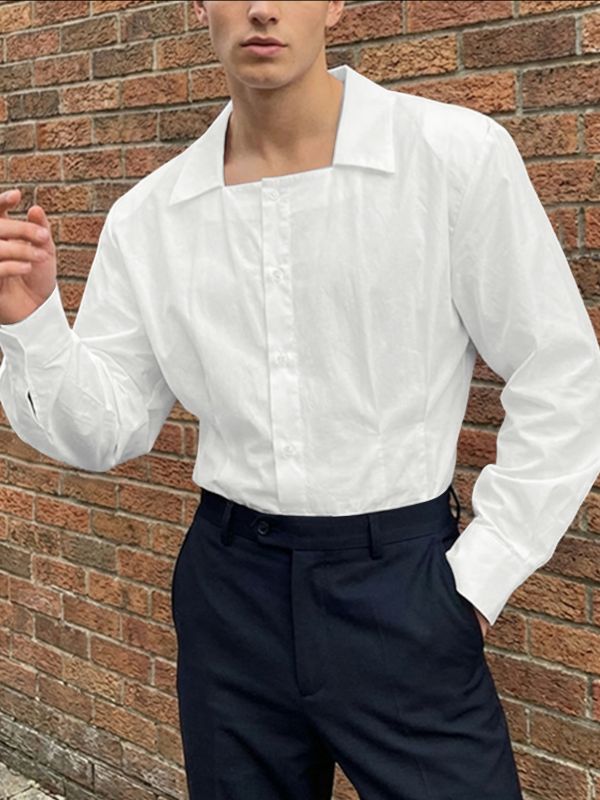 Men's Solid Color Square Neck Slim Fit Long Sleeve Shirt SKUL52578