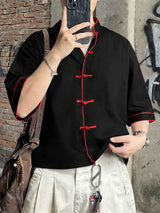 Men's Vintage Casual Lightweight Contrast Piping Frog Button Open Collar Short Sleeve Shirt SKUL55390