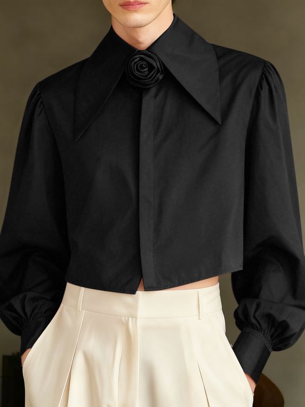 Men's 3D Floral Patchwork Cropped Long Sleeve Shirt SKUL45336