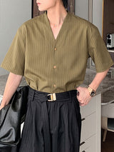 Men's Japanese Chic Pinstripe Collarless Deep V-Neck Boxy Cropped Short Sleeve Shirt SKUL68458