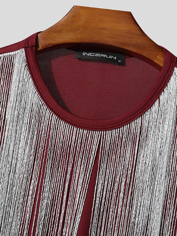 Men's Silver Tassel Patchwork Cropped Long Sleeve T-Shirt SKUL23924