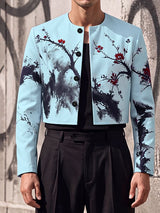 Men's Avant-Garde Gallery Plum Blossom Ink Print Collarless Structured Shoulder Long Sleeve Cropped Blazer SKUL79642