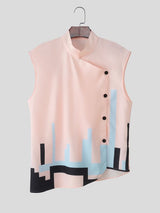 Men's Cyberpunk Pixel Geometric Block Asymmetric Diagonal Button Stand Collar Sleeveless Shirt SKUL61095