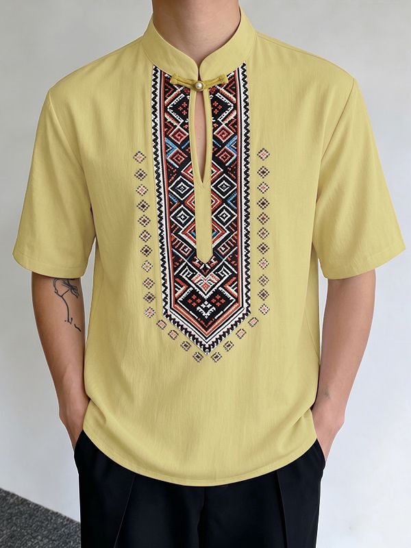 Men's Modern Neo-Chinese Ethnic Geometric Print Deconstructed Keyhole Stand Collar Short Sleeve Shirt SKUL60994
