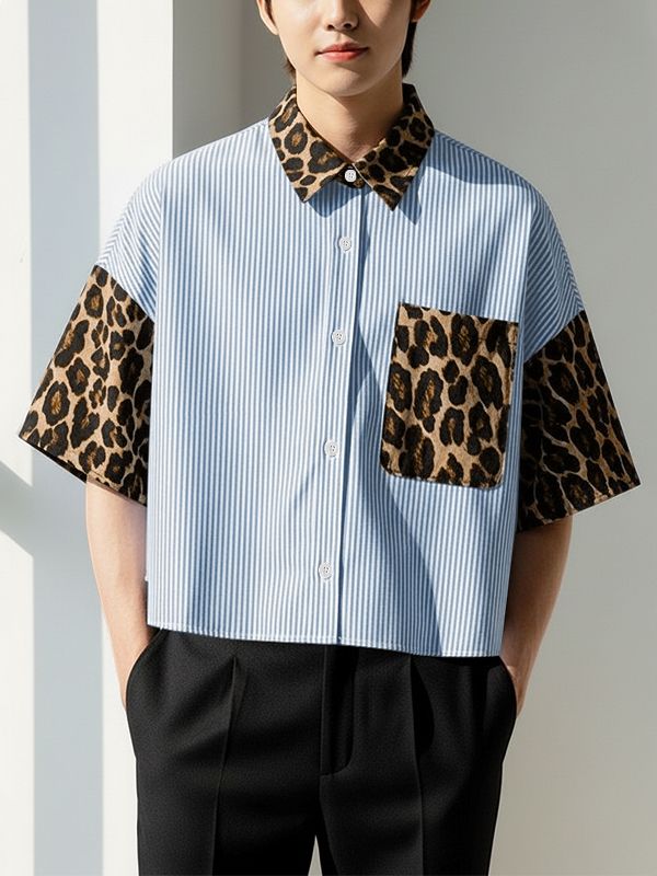 Men's Leopard Patchwork Stripe Short Sleeve Shirt SKUL47624