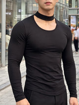 Men's Early Autumn Urban Casual Integrated Choker  Muscle Fit Long Sleeve Scoop Neck T-shirt SKUL81105
