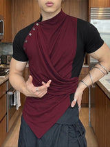 Men's Avant-Garde Deconstructed Asymmetric High-Neck Draped Fitted Short Sleeve T-shirt SKUL71253