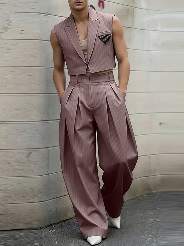 Men's Pinstripe Cropped Notched Lapel Two Pieces Outfit SKUL57619