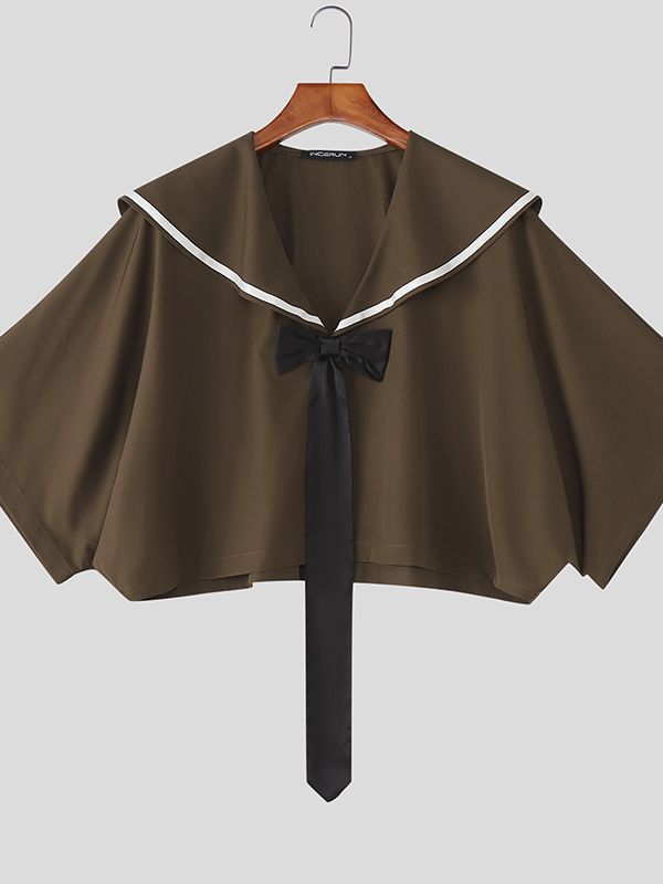 Men's Solid Color Sailor Collar Cropped Short Sleeve Shirt SKUL45413