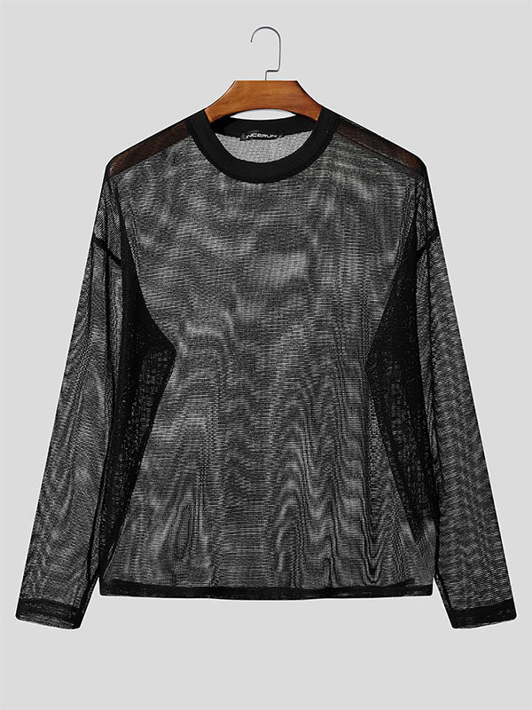 Men's Hollow Out Mesh Crew Neck Long Sleeve T-Shirt SKUL25833