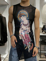 Men's Avant-Garde High Street Buddhist Graphic Mesh Sheer Tank SKUL65895