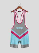 Men's Retro Color-Block Letter Print Tight Wrestling Singlet Bodysuit SKUL63816