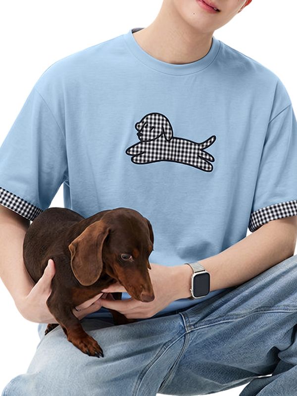 Men's Vintage Cityboy Gingham Plaid Puppy Graphic Short Sleeve T-shirt SKUL68463