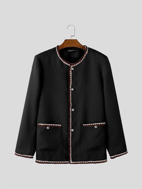 Mens Solid Color Checkered Long Sleeve Cardigan SKUK84778