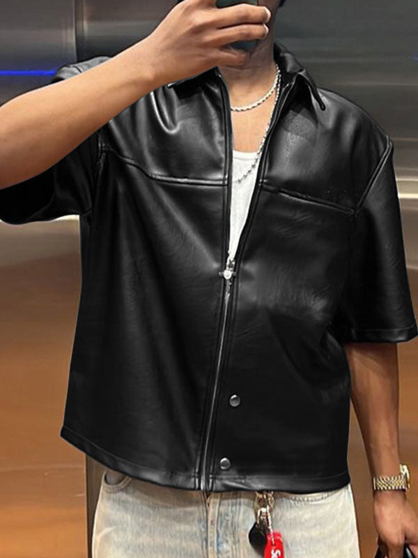 Mens Faux Leather Zip-Up Short Sleeve Shirt SKUL00889