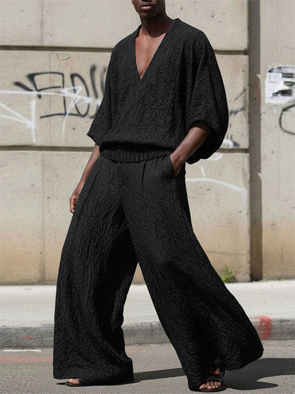 Men's Solid Color Textured V Neck Two Pieces Outfit SKUL54000