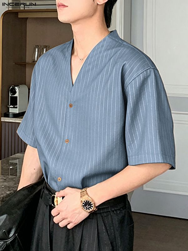 Men's Japanese Chic Pinstripe Collarless Deep V-Neck Boxy Cropped Short Sleeve Shirt SKUL68458