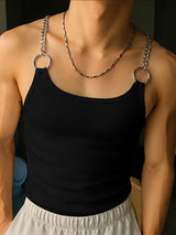 Men's Sexy Clubwear Metal Chain O-Ring Strap Ribbed Bodycon Sleeveless Scoop Neck Tank SKUL73612