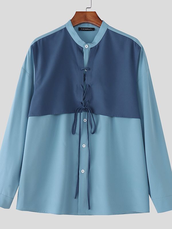 Men's Color Block Drawstring Long Sleeve Shirt SKUL39391