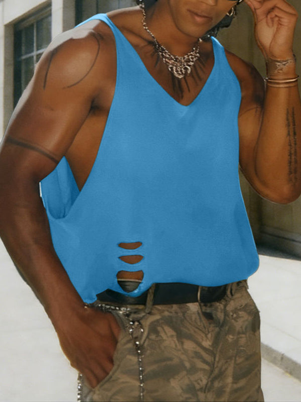 Men's Solid Color Distressed Strap Tank SKUL47745