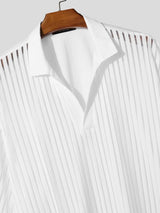 Men's Resort Casual High Street Translucent Vertical Stripe Mesh Two Pieces Outfit SKUL71254