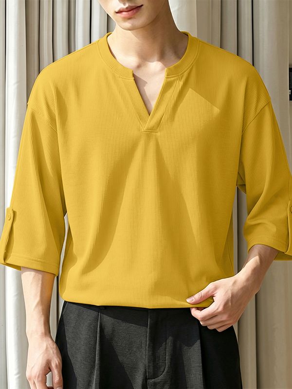 Men's Japanese Cityboy Ribbed Knit Texture Drop-Shoulder 3/4 Sleeve T-shirt SKUL74627