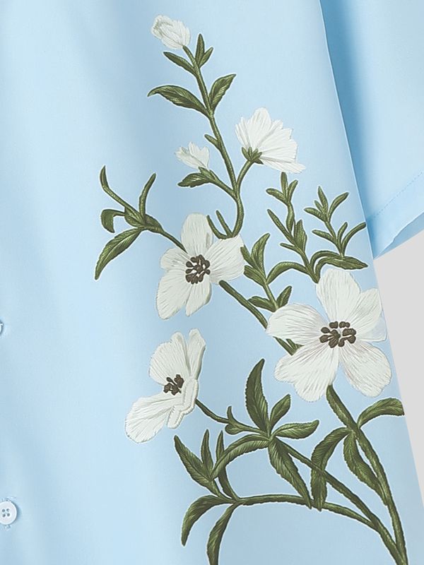 Men's Vintage Botanical Floral Embroidered Cuban Collar Relaxed Fit Short Sleeve Shirt SKUL72584