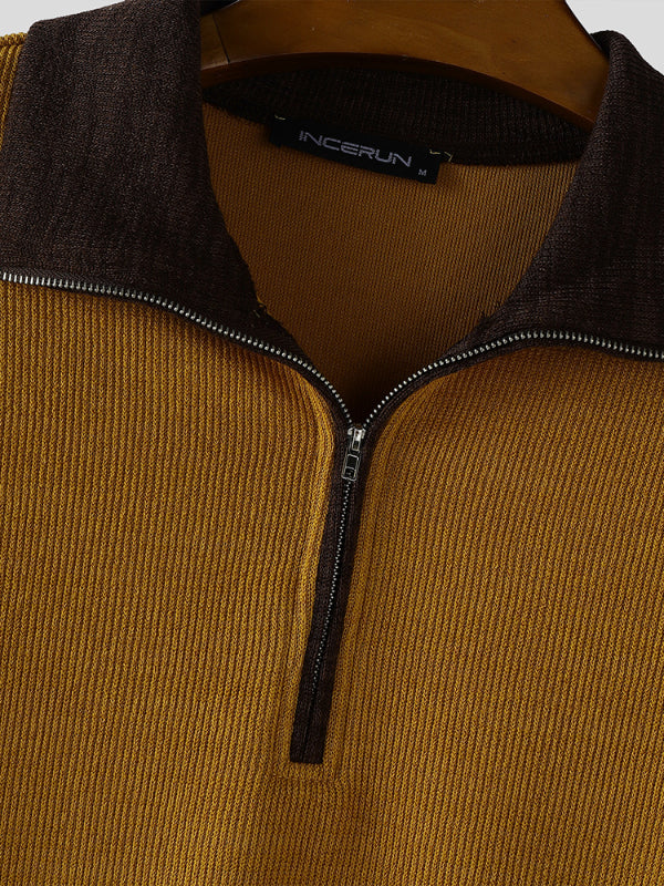 Men's Contrast Knit Half Zip Long Sleeve Sweater SKUL30271