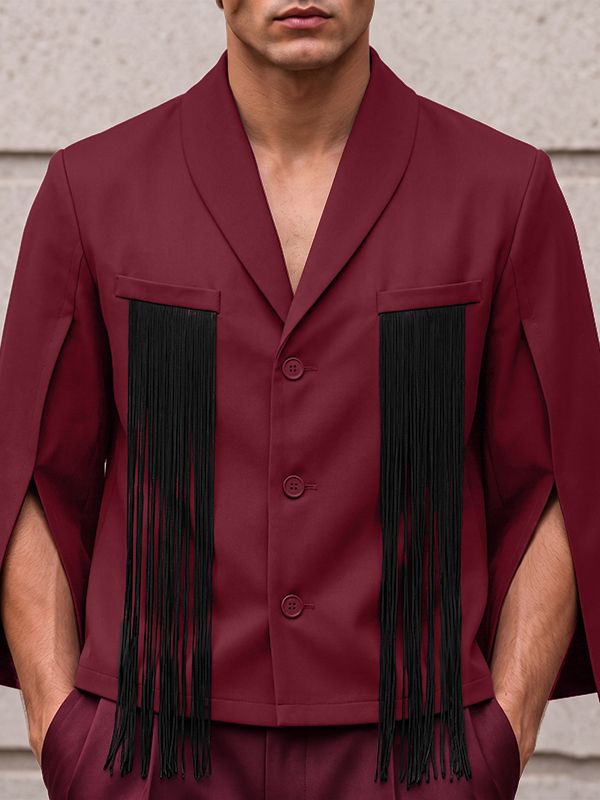 Men's Avant-Garde Party Chest Tassel Fringe Cape Slit Half Sleeve Shawl Collar Blazer SKUL78339