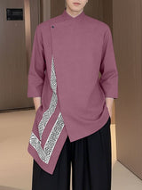 Men's Asymmetric Patchwork Stand Collar 3/4 Length Sleeve Shirt SKUL50560