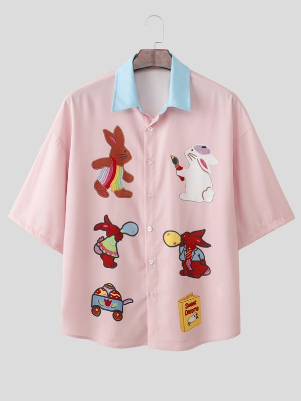 Men's Japanese Harajuku Cute Cartoon Rabbit Graphic Contrast Collar Short Sleeve Shirt SKUL59667
