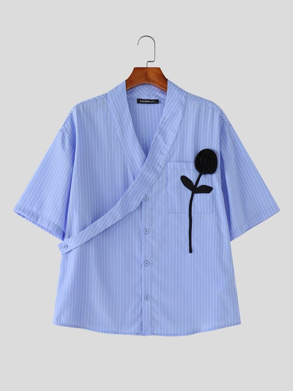 Men's 3D Black Rose Patch Pinstriped Overlap Shirt SKUL63258